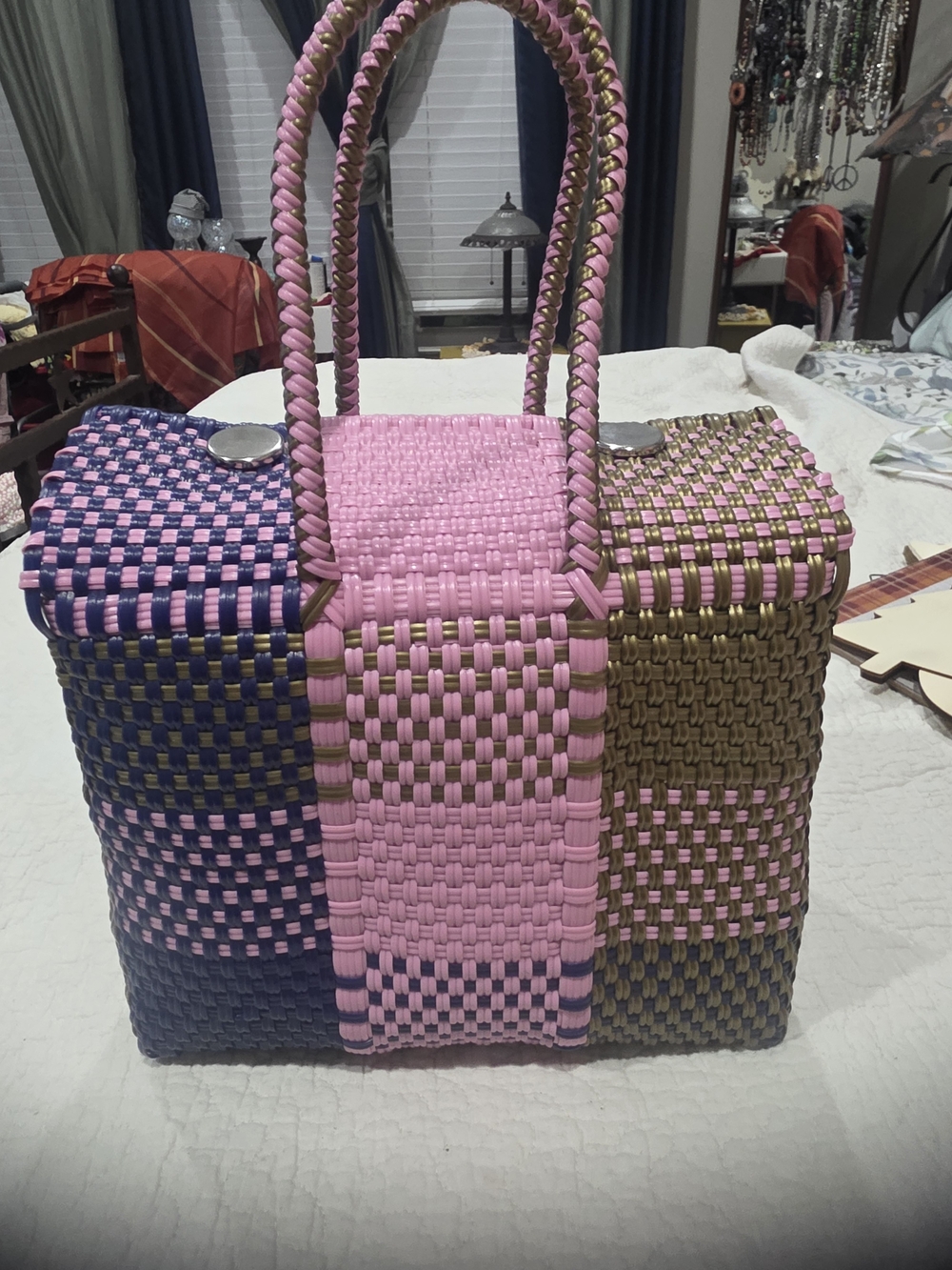 Woven Pink, Navy & Olive Handwoven Tote